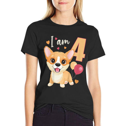 Kids 4 Years Old 4 Birthday Outfit Boy Girl Corgi Dog Comfortable T-Shirt