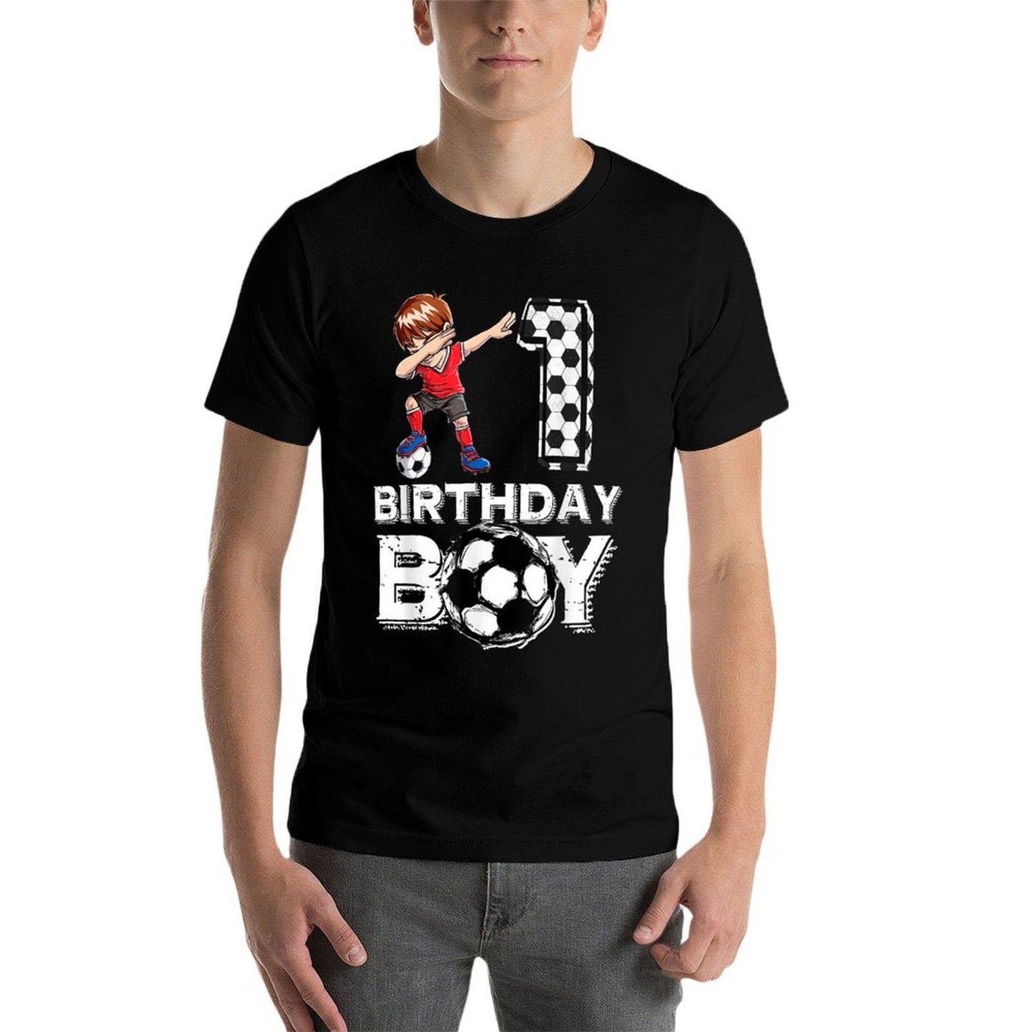 Kids 1 Year Old Birthday Boy Soccer 1st Party Dabbing Boy  Soft T-Shirt