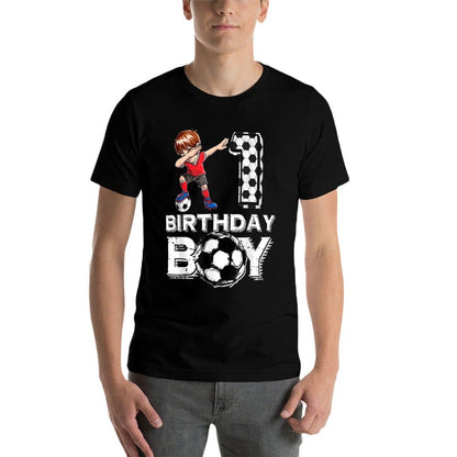 Kids 1 Year Old Birthday Boy Soccer 1st Party Dabbing Boy  Soft T-Shirt