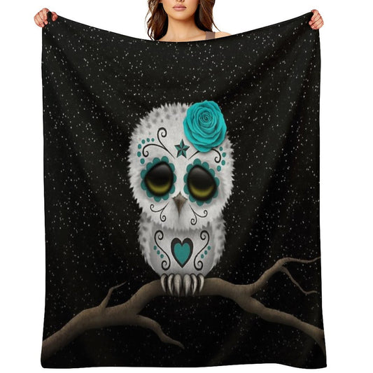 Cute Teal Blue Day of The Dead Sugar Skull Owl Compact Throw Blanket