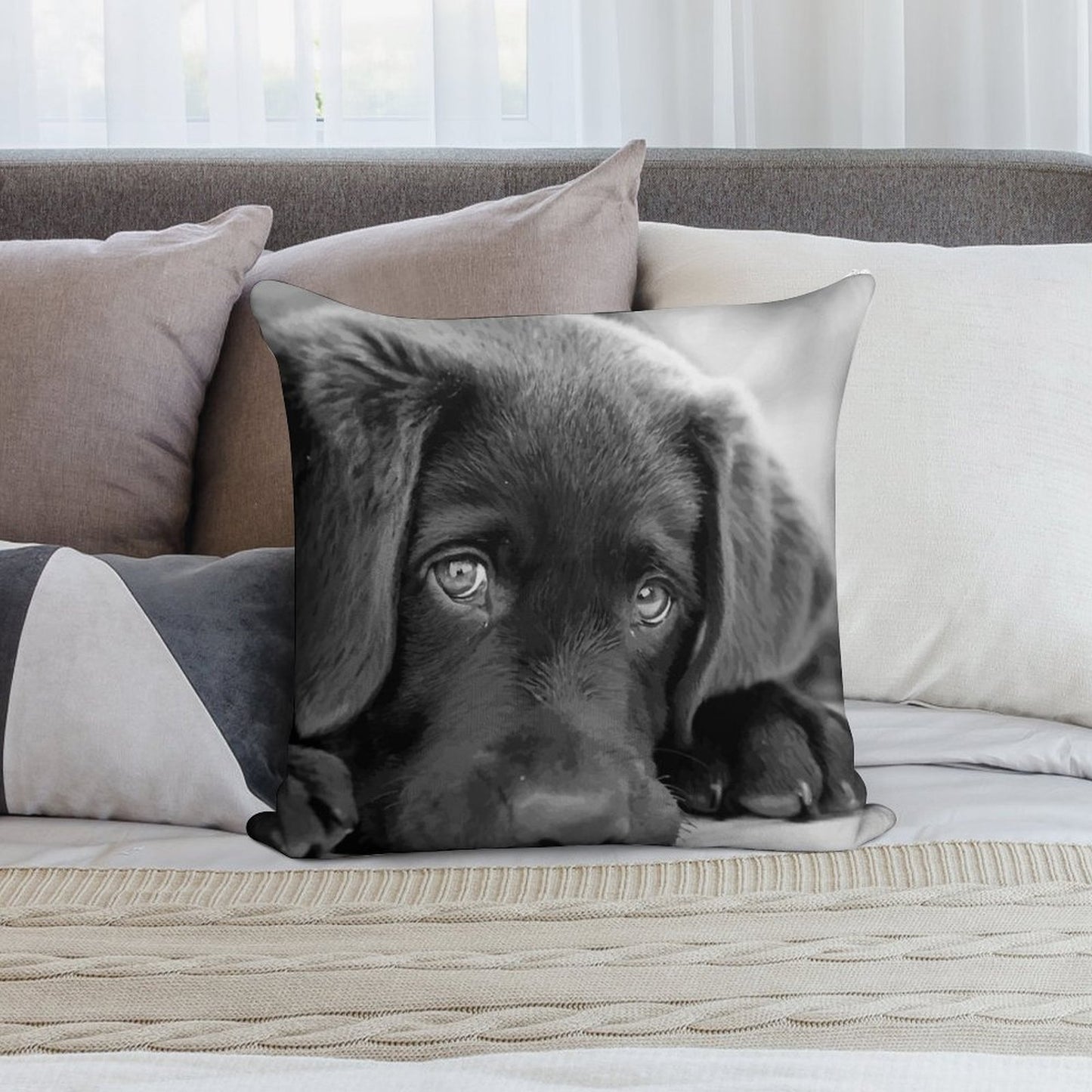 Black Lab Puppy - Chocolate Lab Puppy - Black & White Puppy Soft High-Density Material Throw Pillow