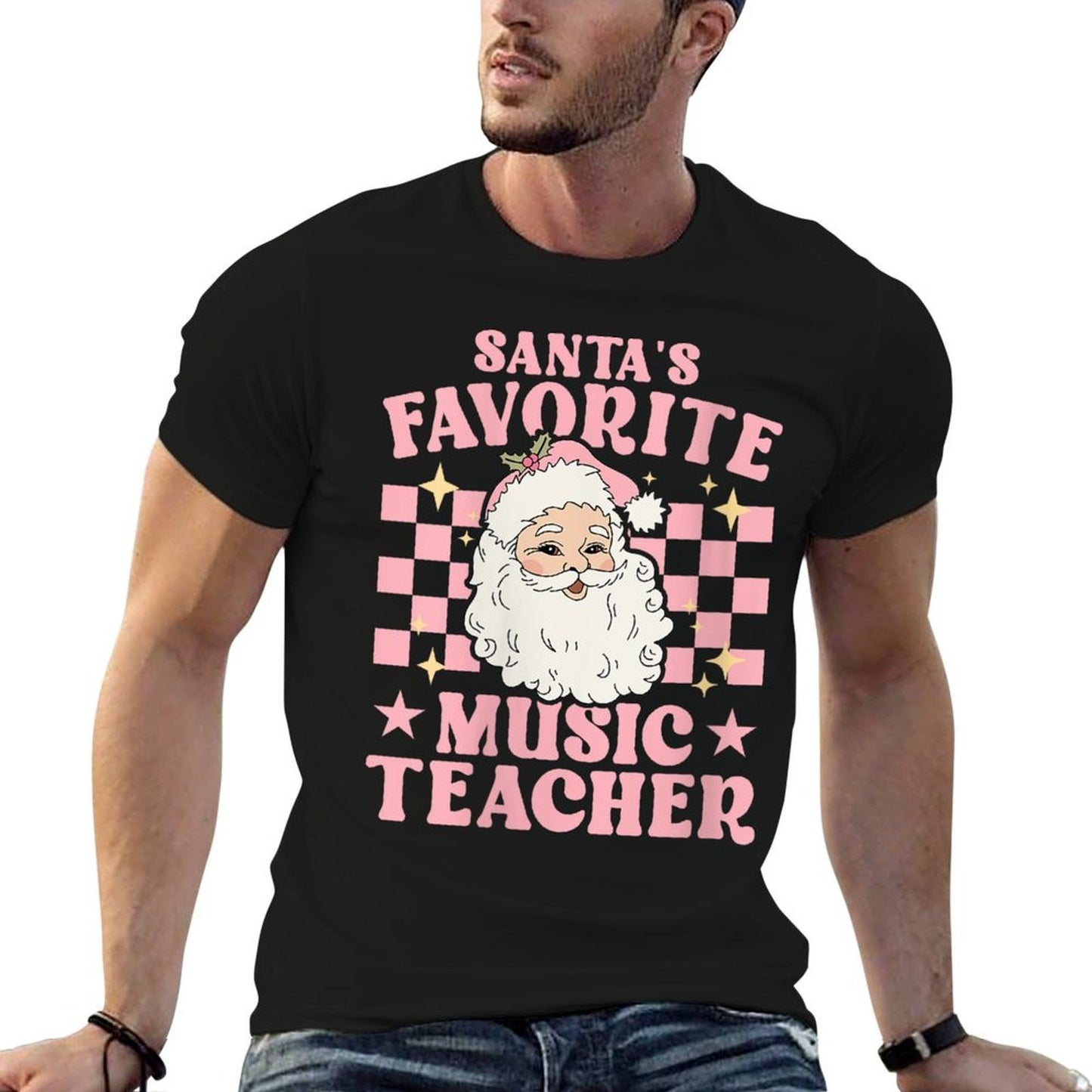 Vintage Pink Retro Christmas Santas Favorite Music Teacher  Moisture-wicking T-Shirt