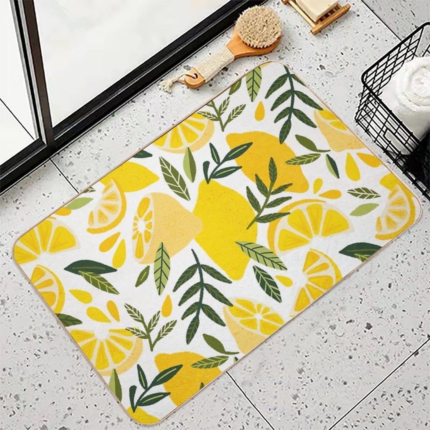 Lemon Blooms on White  Anti-Trip Bath Mat