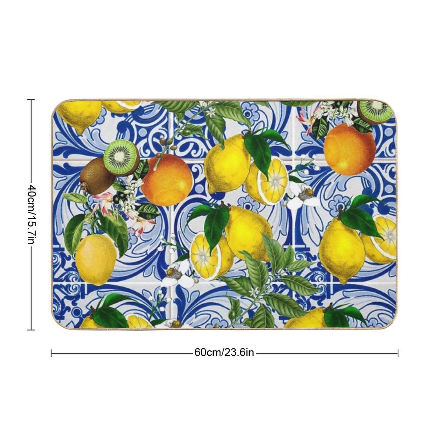 Mediterranean Lemon on Blue Ceramic Tiles  Absorbent Bath Mat