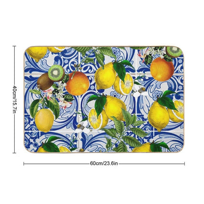 Mediterranean Lemon on Blue Ceramic Tiles  Absorbent Bath Mat