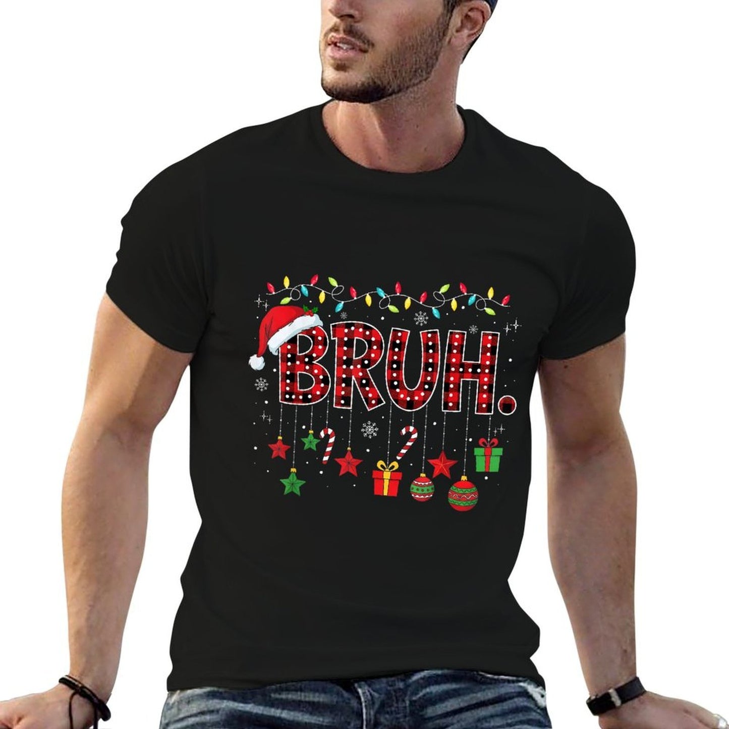 Bruh Funny Christmas Red Plaidns Boys Kids Xmas Pajamas  Summer-ready Fabric T-Shirt