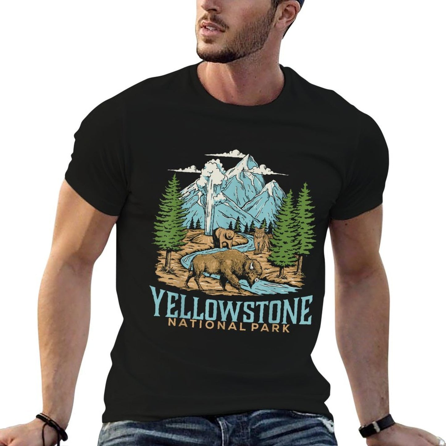 Yellowstone US National Park Wolf Bison Bear Vintage Gift  Soft T-Shirt