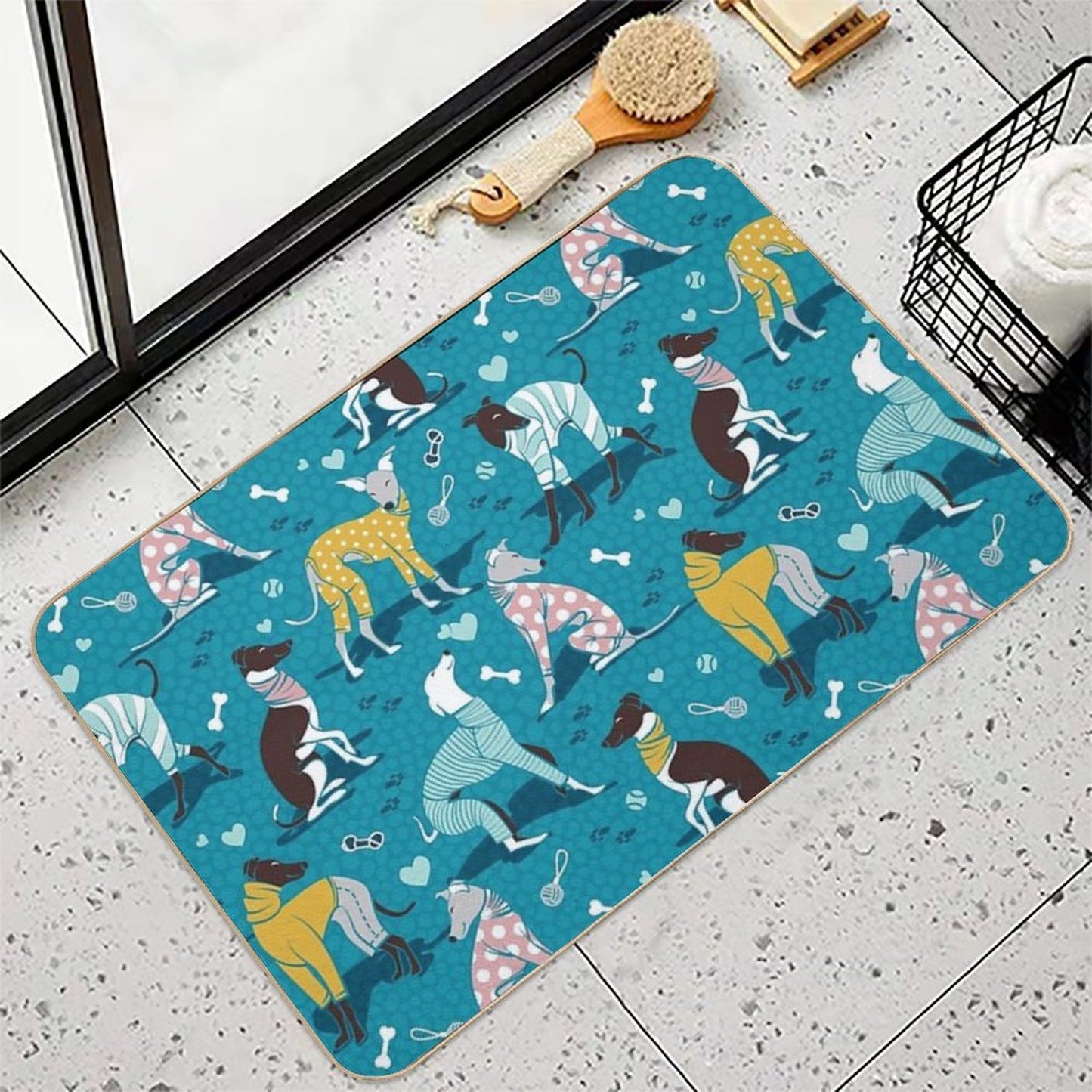 Greyhounds Dogwalk  Turquoise Background  High-Traffic Bath Mat