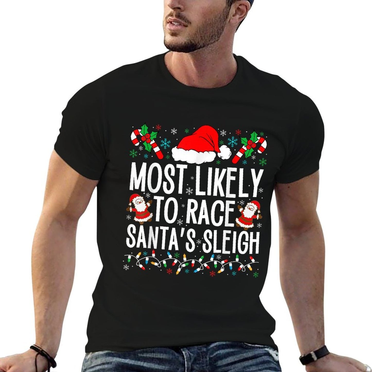 Most Likely To Race Santas Sleigh Family Xmas Pajamas 2024  Lightweight T-Shirt