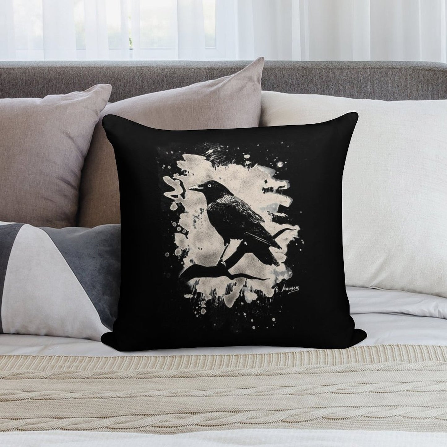 Crow Bleached (creme White) Soft Hidden Zipper Throw Pillow