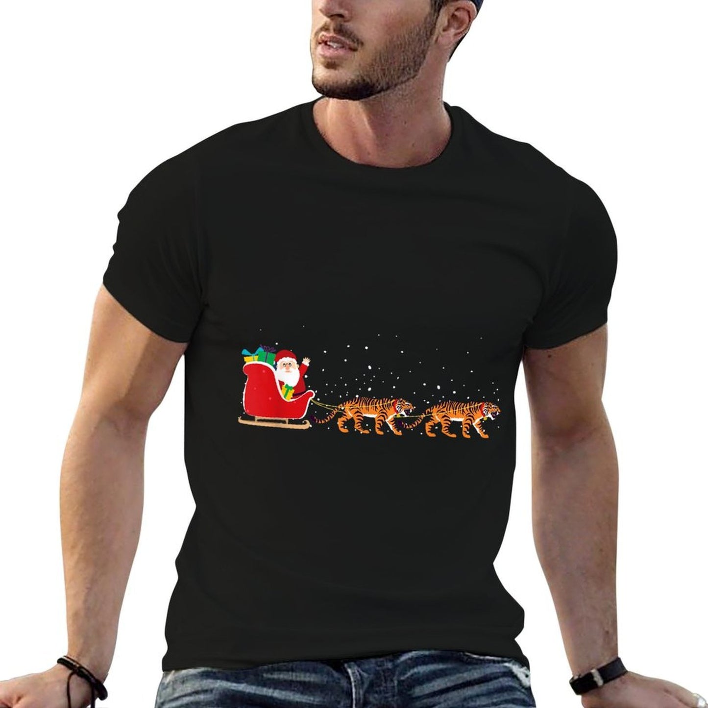 Tiger Santa Christmas Sleigh - Funny Tiger Xmas  Fade-proof Color T-Shirt