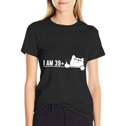 Funny, I Am 39 Plus, Cat Middle Finger 40th Birthday Cat  Polyester Blend T-Shirt