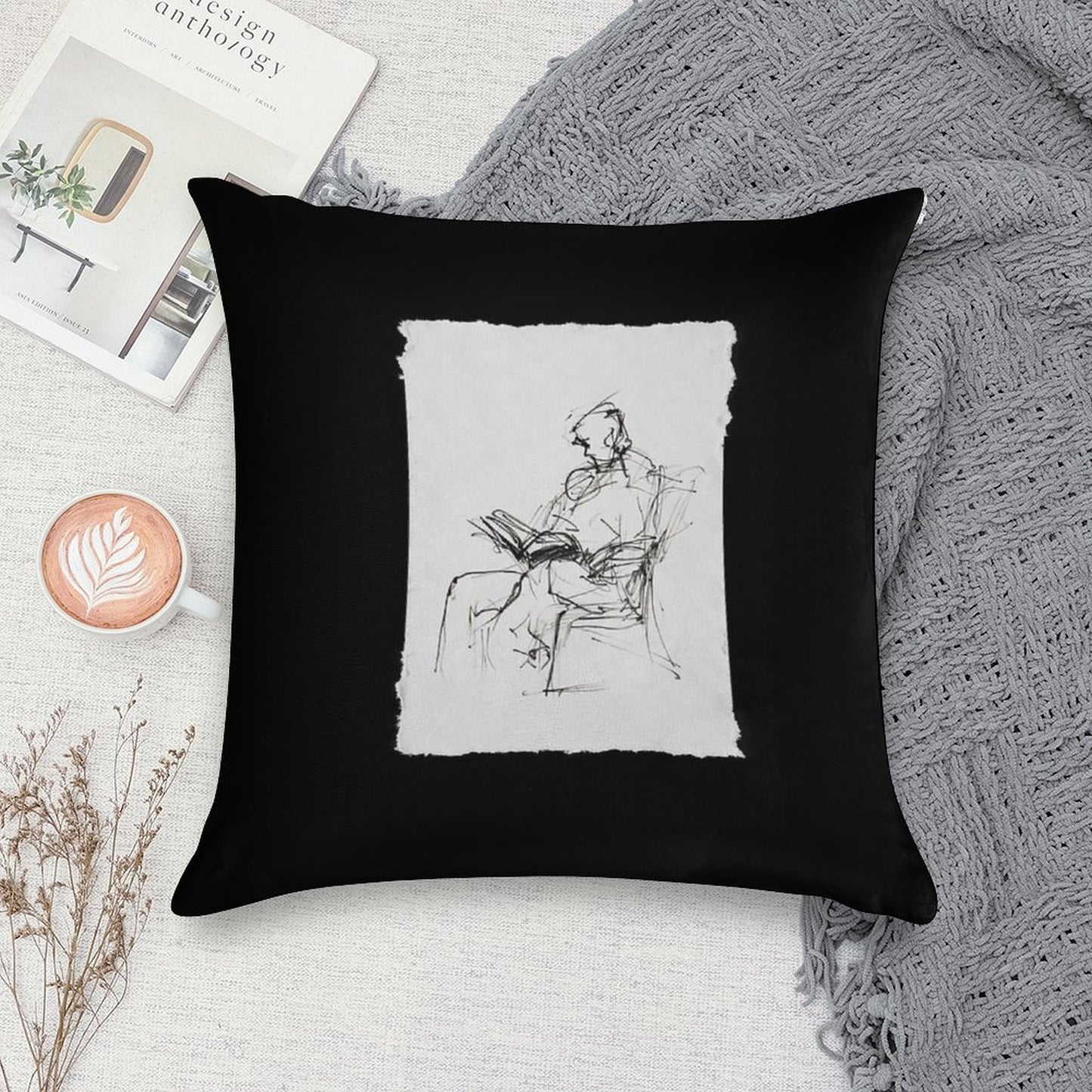 Abstract  Sketch of Person Reading Book in Armchair Soft Multiple Sizes Throw Pillow