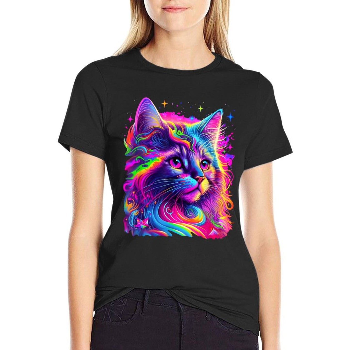 Colorful Rainbow Cat Graphic  Summer-ready Fabric T-Shirt