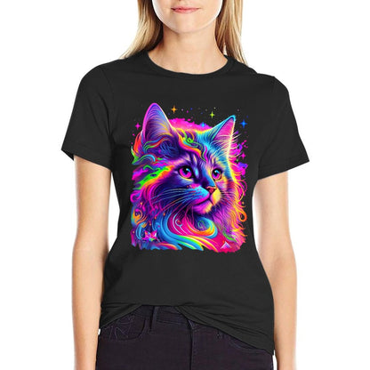 Colorful Rainbow Cat Graphic  Summer-ready Fabric T-Shirt
