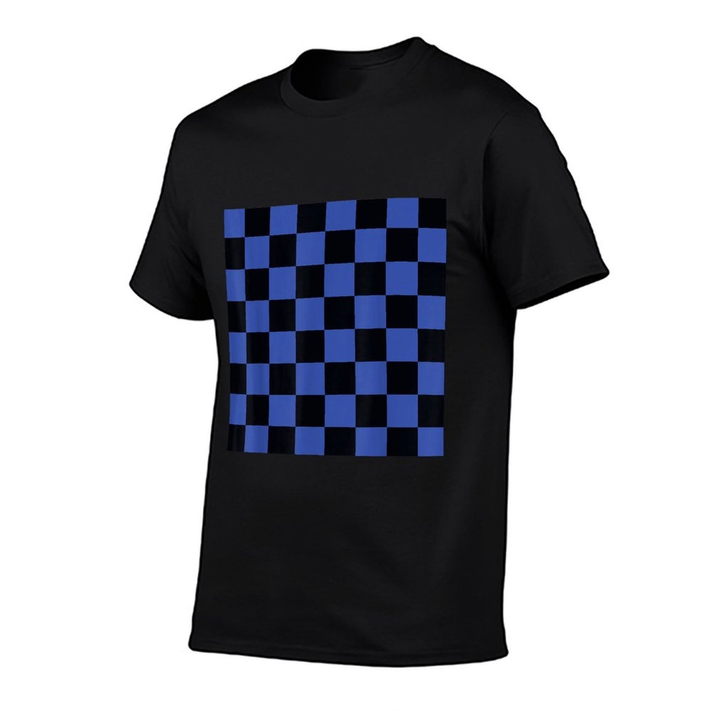 Checkered Black Blue Checkerboard Pattern  Ribbed Collar T-Shirt