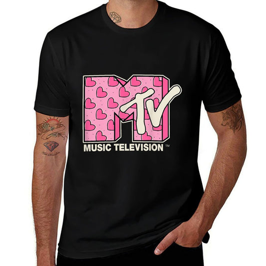 MTV Music Television Valentines Day Heart Pattern Fill  Cotton T-Shirt