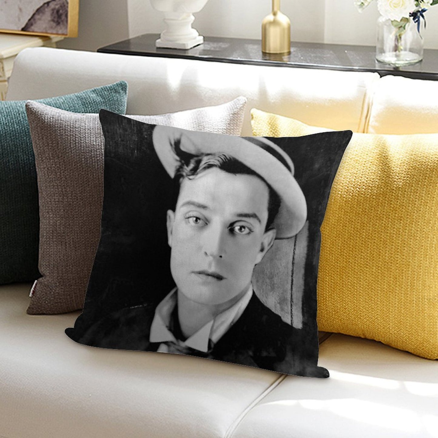 Buster Keaton - BW Vintage - D13 Soft Reinforced Edging Throw Pillow
