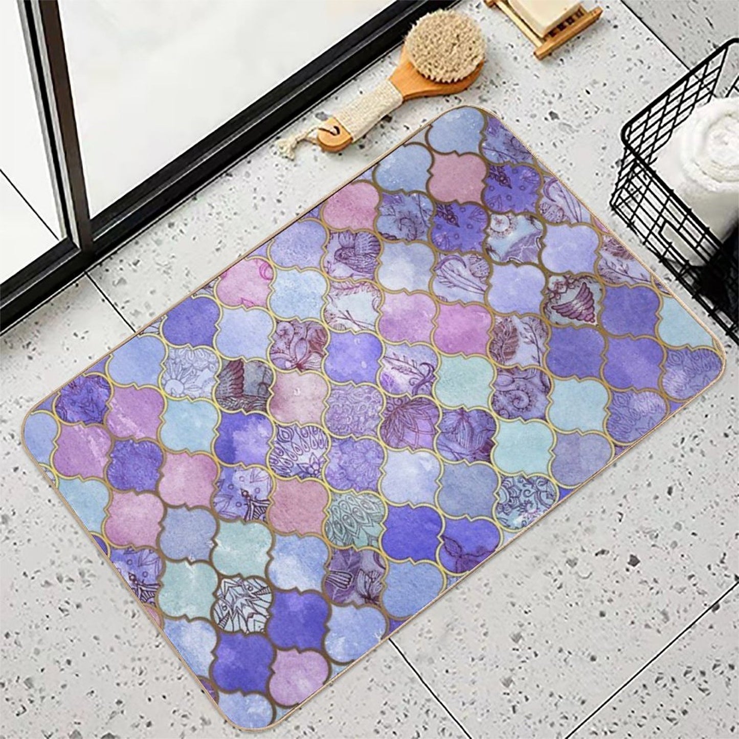 Royal Purple, Mauve & Indigo Decorative Moroccan Tile Pattern  Fade-Resistant Bath Mat