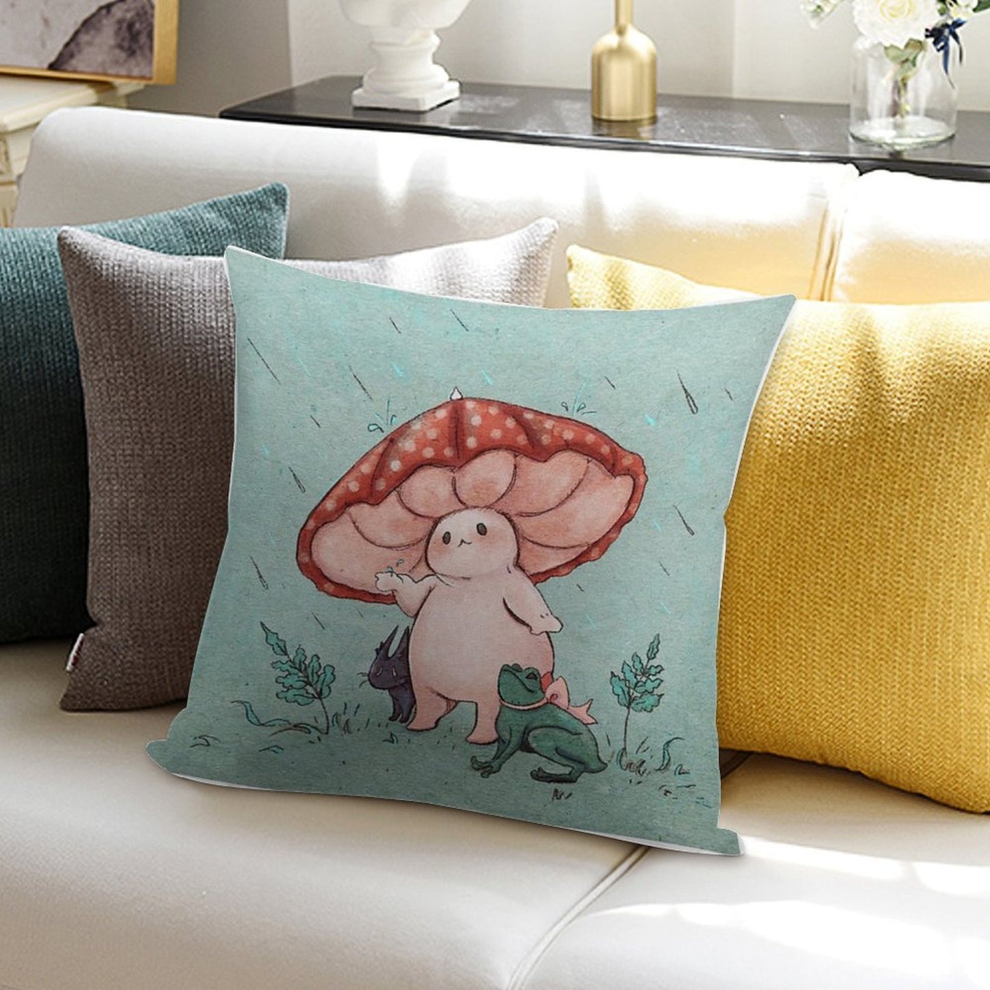 Mushroom Umbrella on A Rainy Day Soft Easy Maintenance Throw Pillow