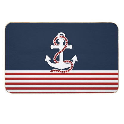 Nautical Red White Stripes And Red Anchor on Blue Background  Odorless Bath Mat