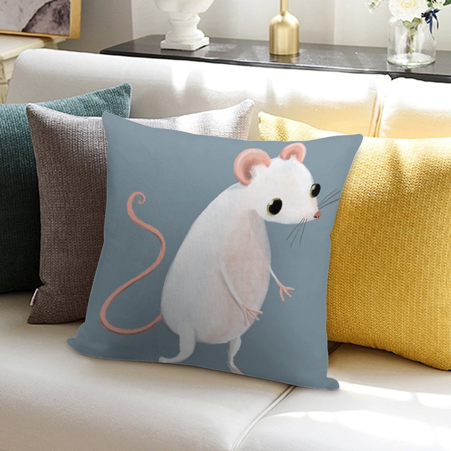 Cute Little White Mouse Soft Reinforced Edging Throw Pillow