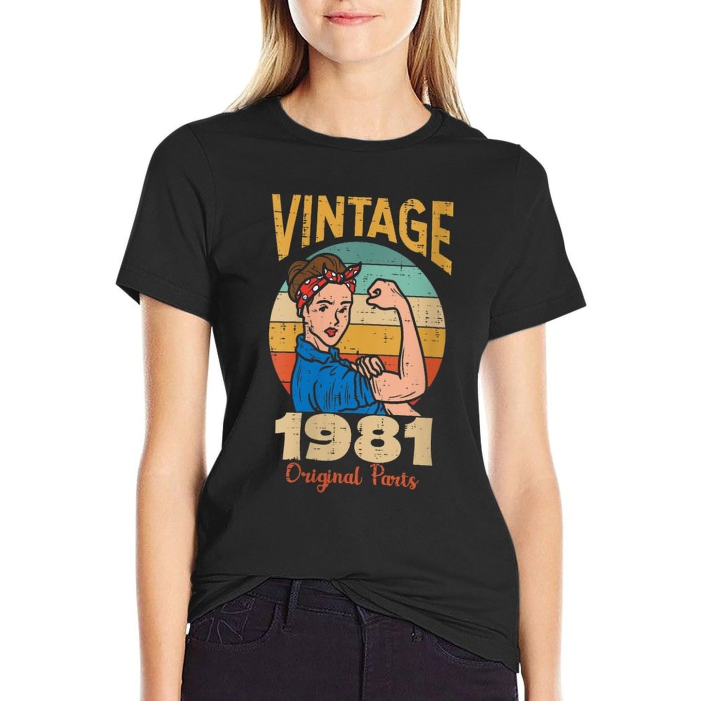 Womens Vintage 1981 Rosie Riveter 40th Birthday Gift For Women  Rolled Sleeves T-Shirt