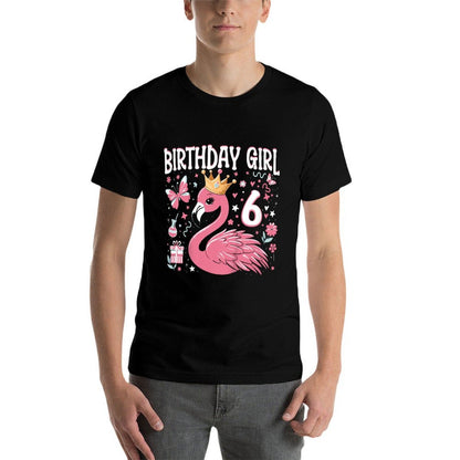 Kids 6th Birthday Gift Flamingo Fan 6 Year Old Girls 6th Bday  Cotton T-Shirt