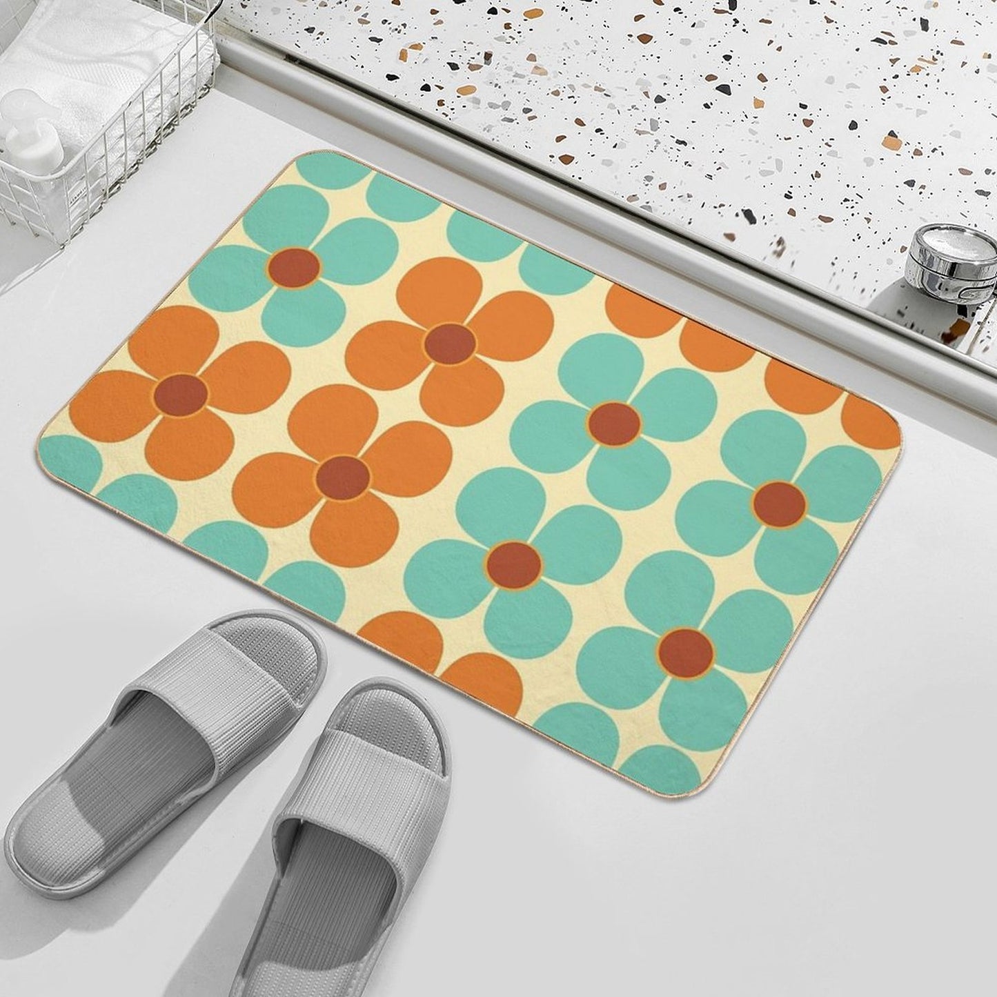 Retro Land Flower Power Orange And Blue  Fade-Resistant Bath Mat