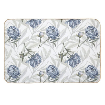 Watercolor Indigo Blue Peonies And Translucent Leaves Pattern with White Background.  Rapid-Drying Bath Mat