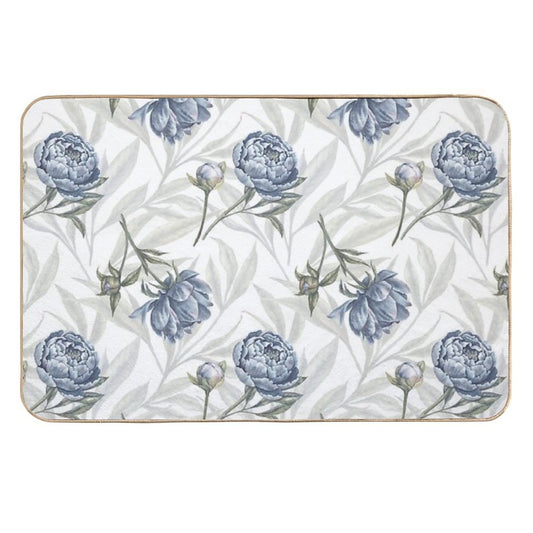 Watercolor Indigo Blue Peonies And Translucent Leaves Pattern with White Background.  Rapid-Drying Bath Mat