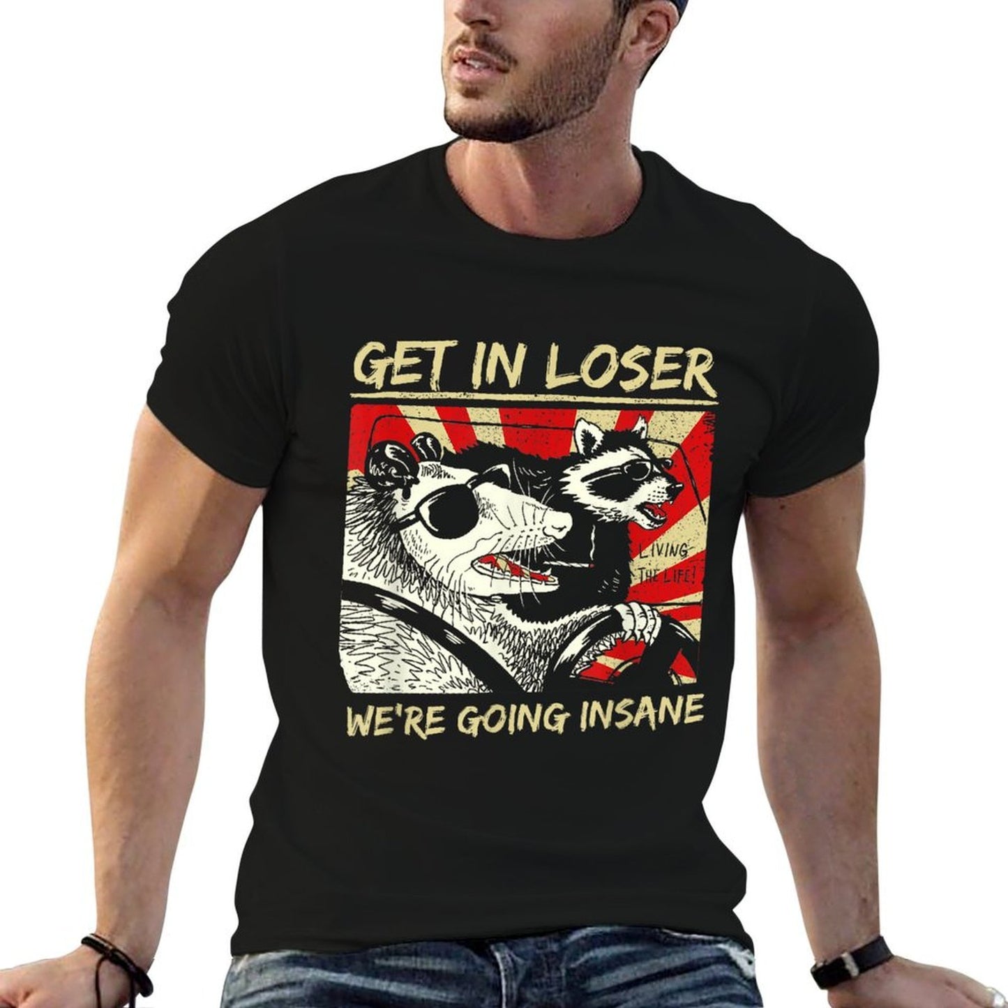 Get In Loser We’re Going Insane Funny Raccoon Opossum Meme  Oversized Silhouette T-Shirt