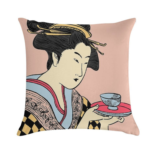 Geisha's Tea Time Soft Skin-Friendly Throw Pillow