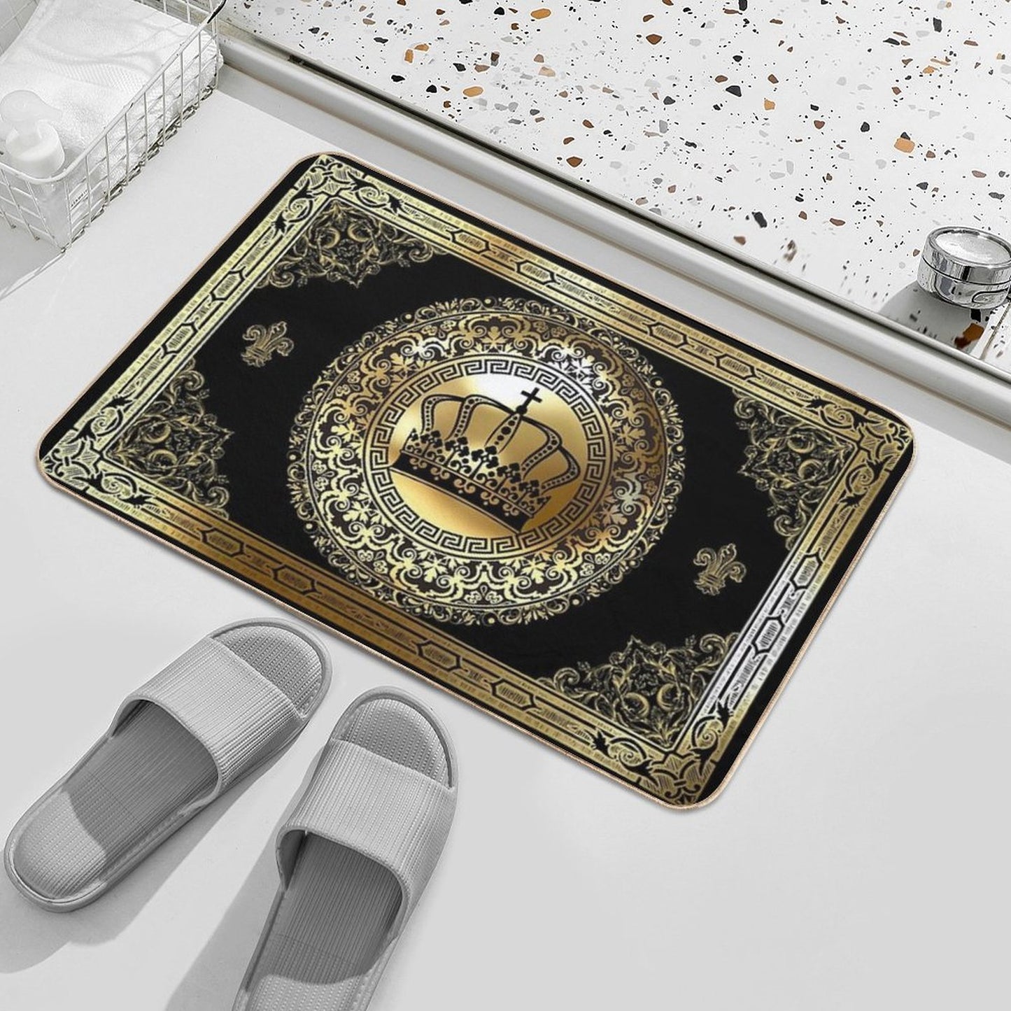 Ornate Baroque Crown Black Gold Greek Key  Multi-Purpose Bath Mat