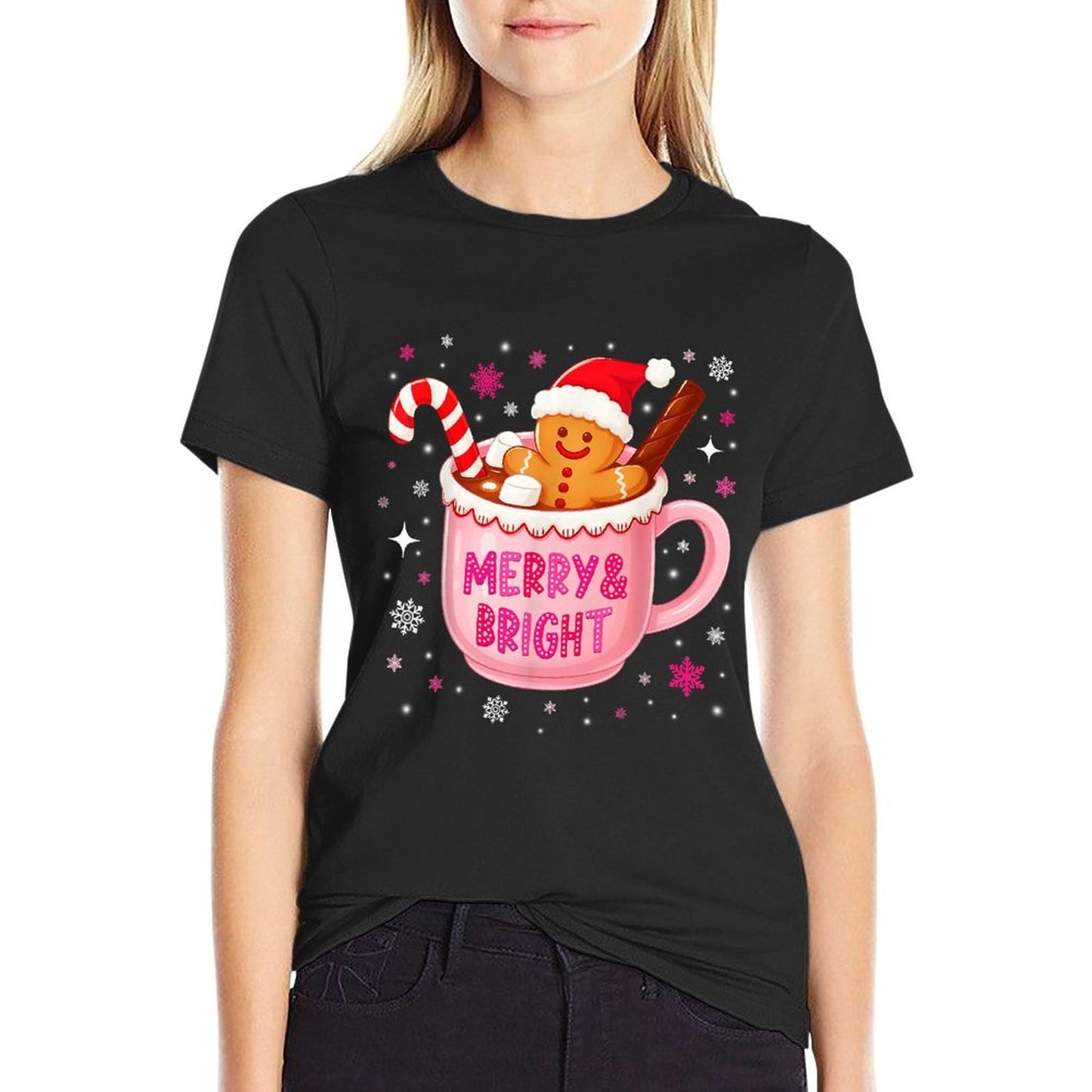 Merry And Bright Hot Cacao Gingerbread Christmas Xmas Women  Summer-ready Fabric T-Shirt