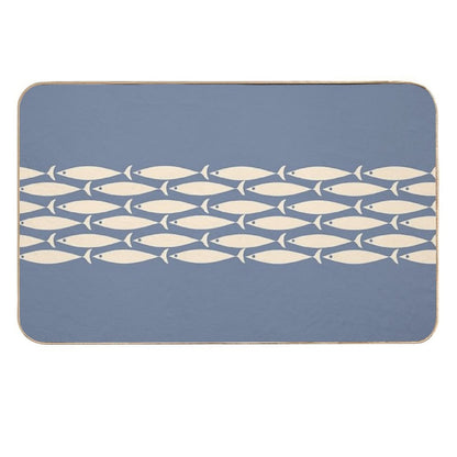 Fish Stripe 6 - Minimalist Mid Century Modern Pattern in Stone Blue And Cream  Repositionable Bath Mat