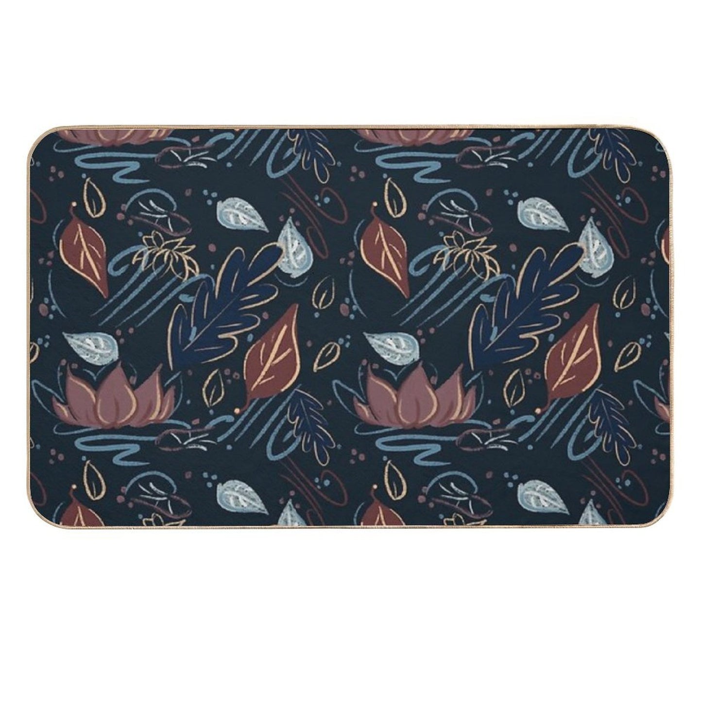 Leaves And Lotus Flower in Blue Blush And Brown (navy)  Absorbent Bath Mat