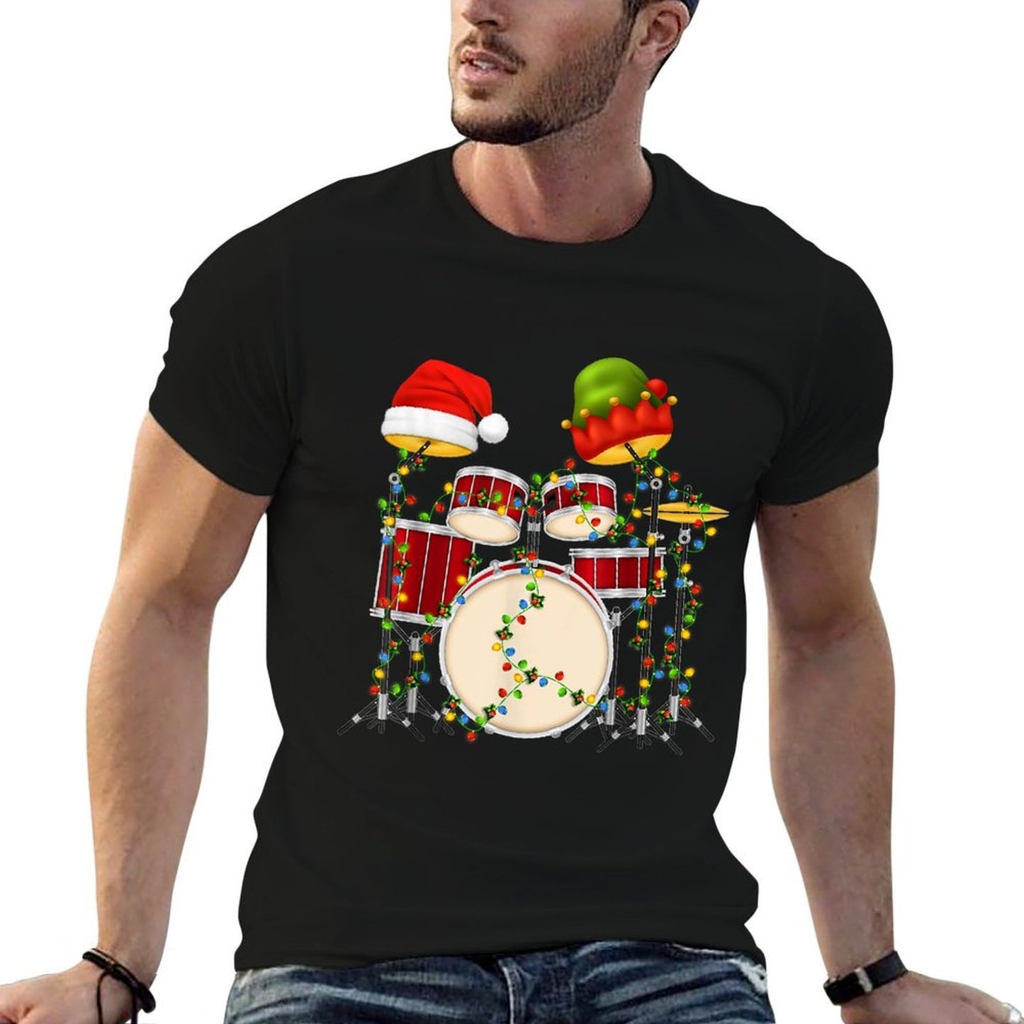 Funny Drumming Santa Hat Drums Funny Drummer Christmas  Polyester Blend T-Shirt
