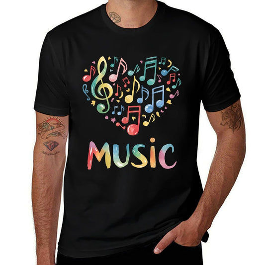 Music Lover Colorful Musical Notes Treble Clef Heart  Rolled Sleeves T-Shirt
