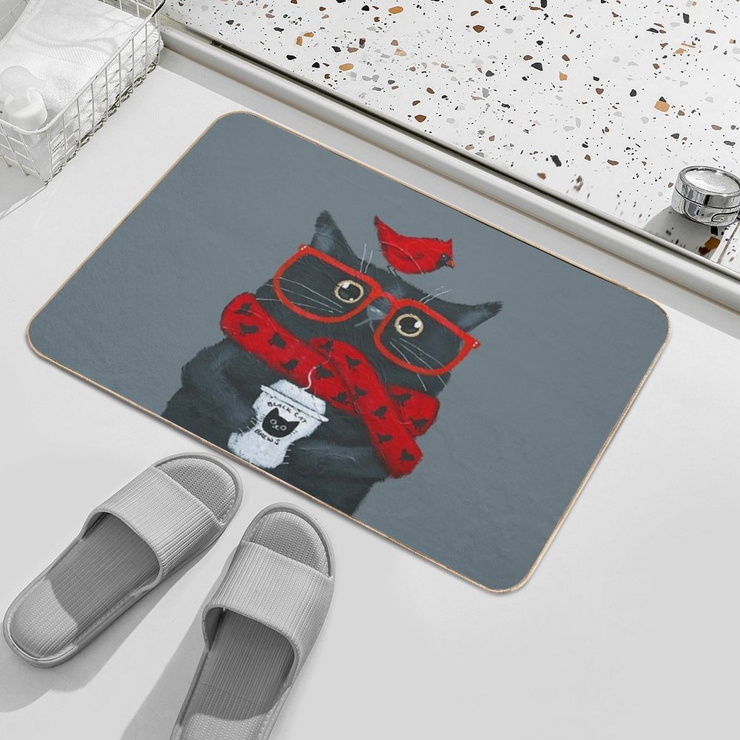Morning Coffee With A Cardinal  Absorbent Bath Mat