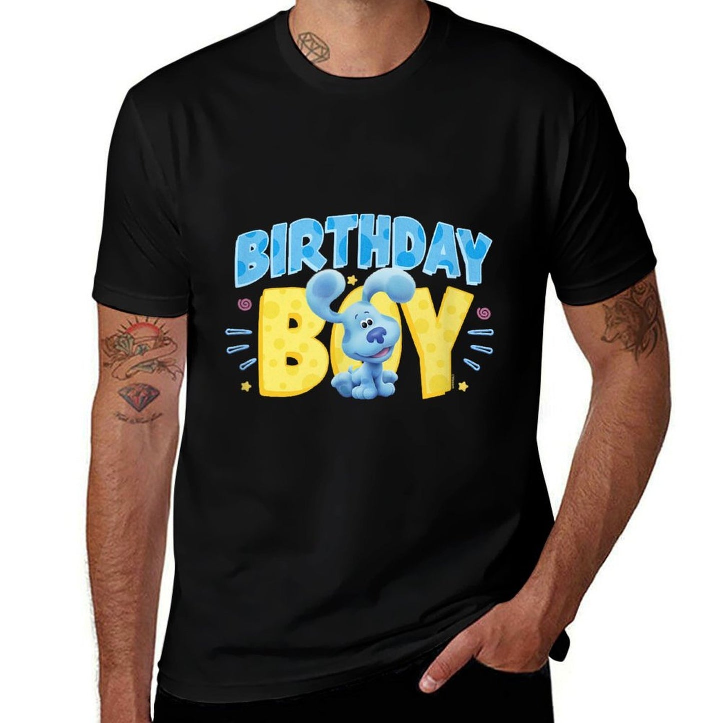 Blue's Clues & You Birthday Boy Blue Big Chest Text Logo  High-quality Stitching T-Shirt