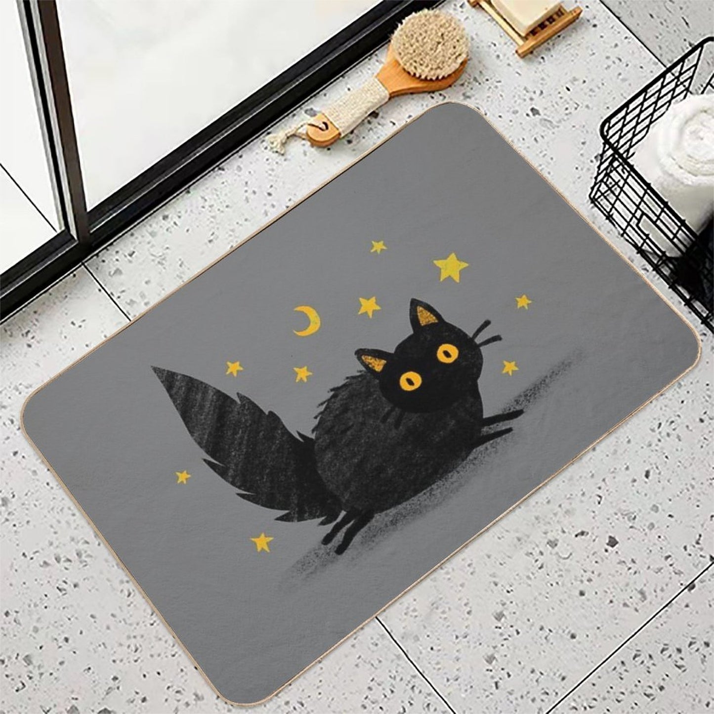 Fluffy Black Yellow Eyed Cat  Rapid-Drying Bath Mat