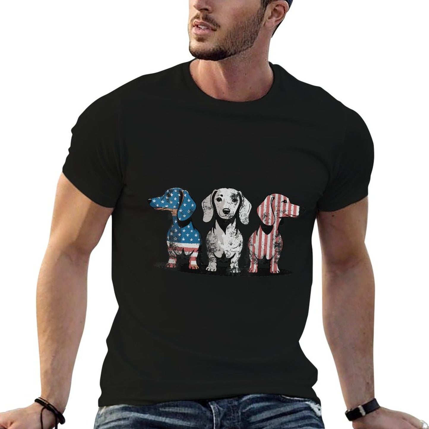 Womens Patriotic Dachshund Dog USA Sunglasses 4th of July  Relaxed-fit T-Shirt