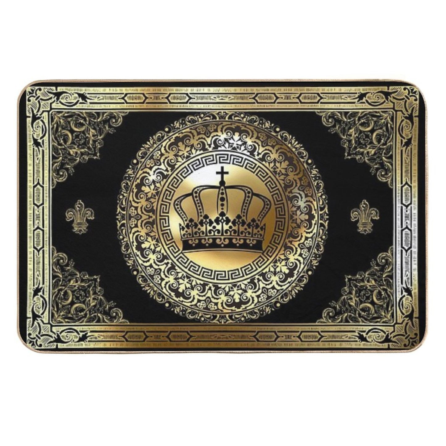 Ornate Baroque Crown Black Gold Greek Key  Multi-Purpose Bath Mat
