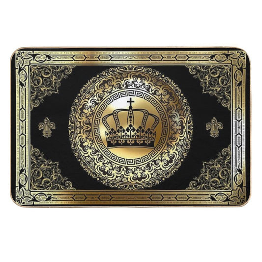 Ornate Baroque Crown Black Gold Greek Key  Multi-Purpose Bath Mat