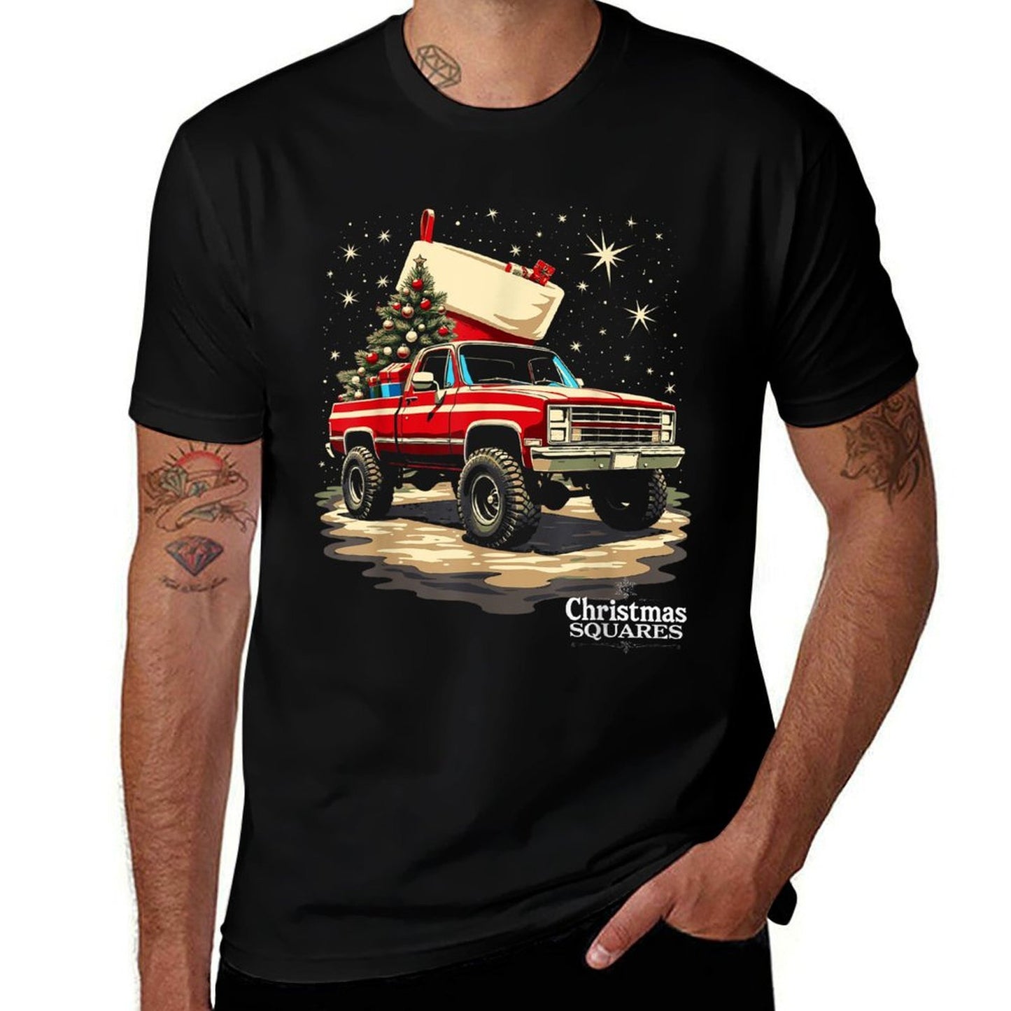 Christmas Squares Squarebody K10 Truck Holiday Night Scene  Affordable Price T-Shirt