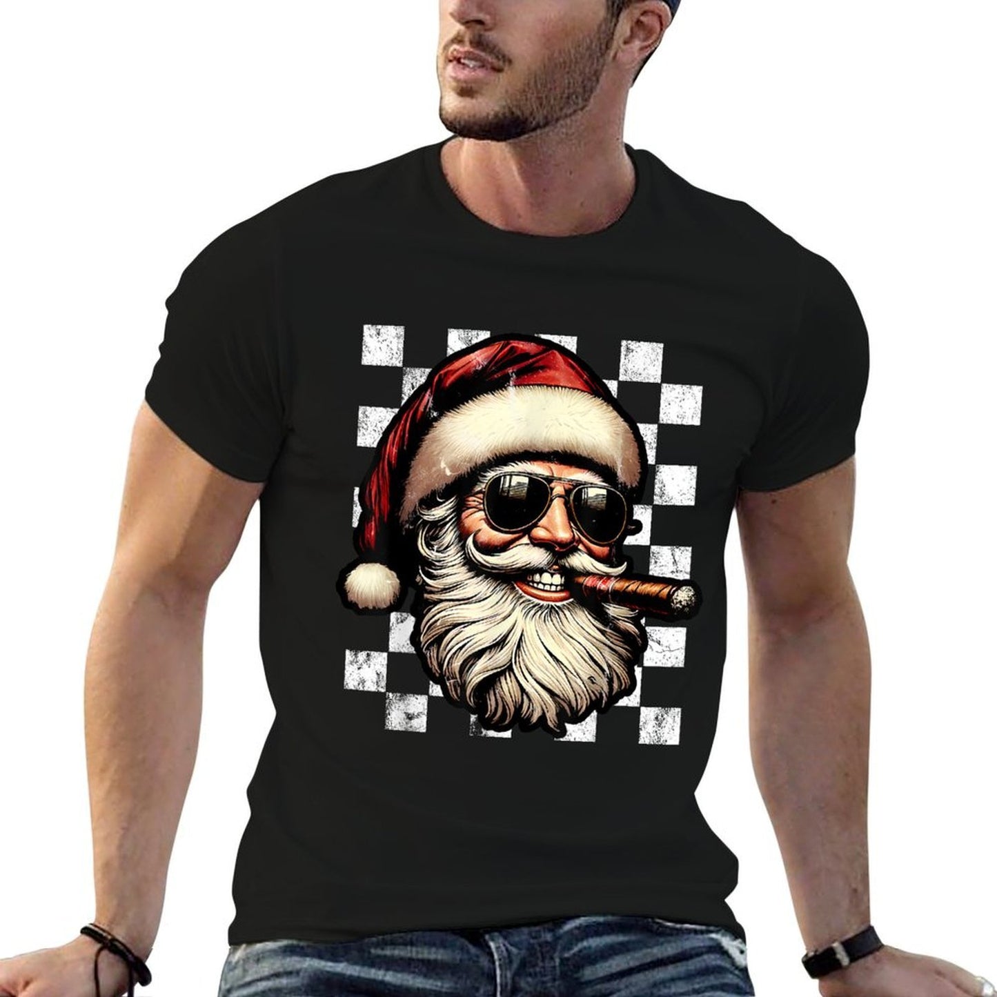 Santa Claus Is Smoking Cigar With Sunglass Smoker Christmas  Rolled Sleeves T-Shirt