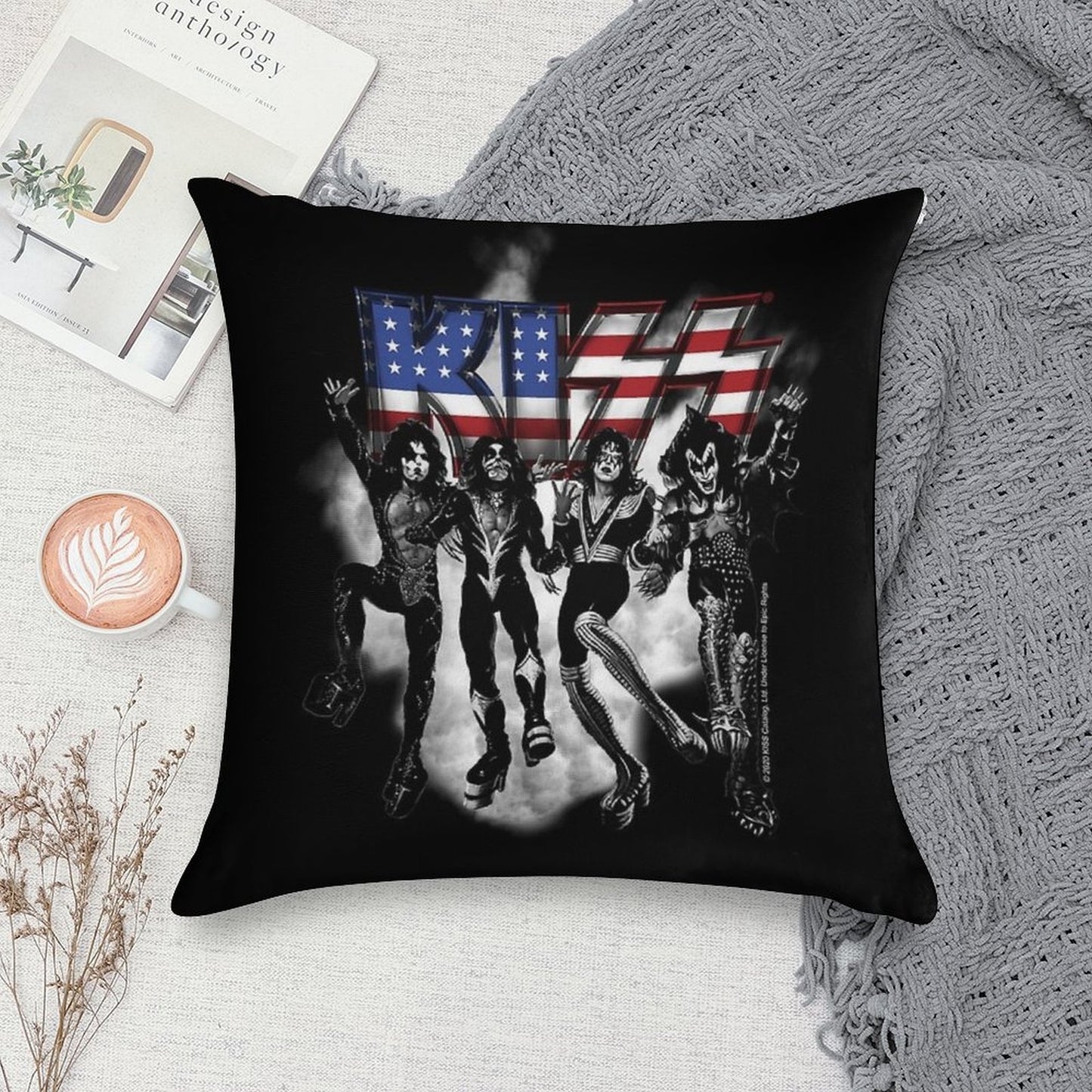 KISS ® The Band - Destroyer Black And White Fog USA Logo Soft Gift Ready Throw Pillow