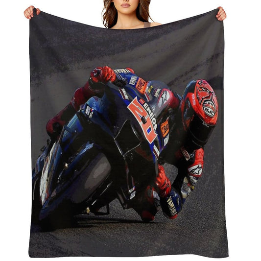 Fabio Quartararo on His 2024 MotoGP Motorcycle Making A Kneedown Abstract Premium Throw Blanket