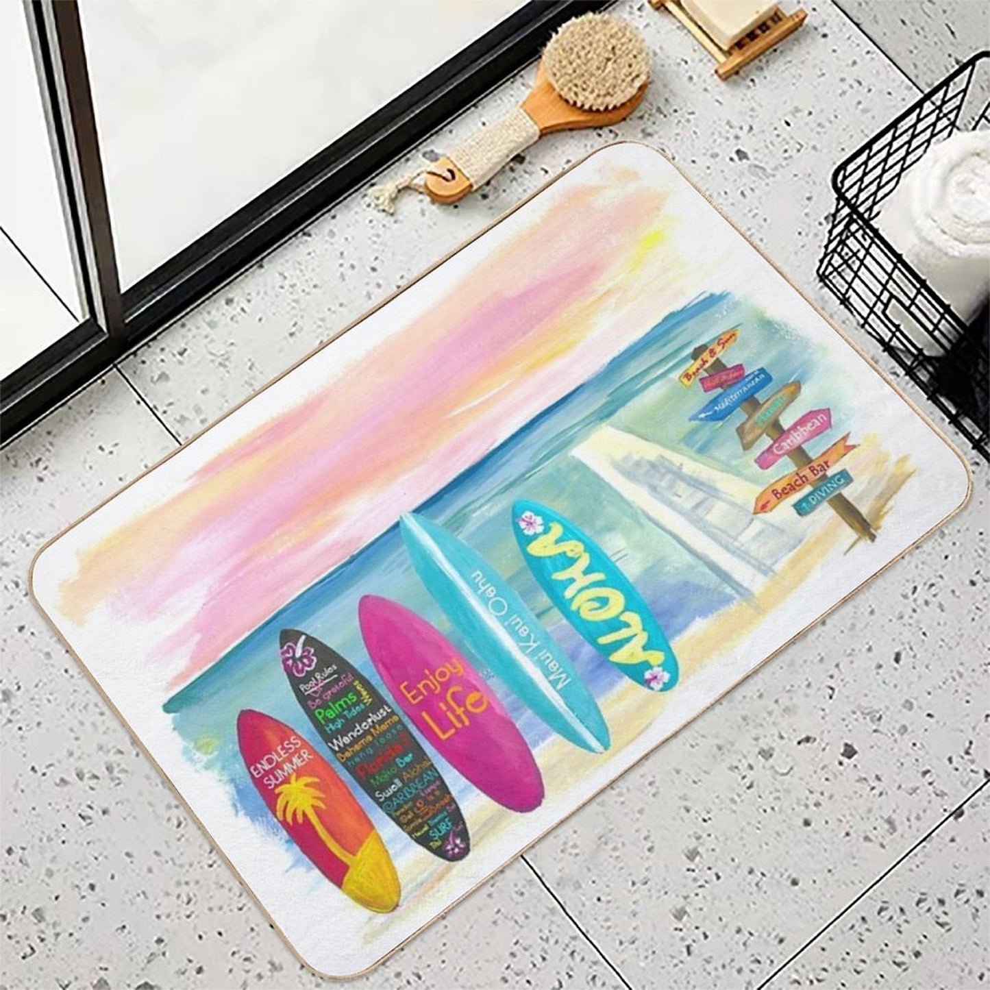 Surfboard Philosophy  - Enjoy Life, Travel And Surf - Surfboard Wall  Easy Maintenance Bath Mat